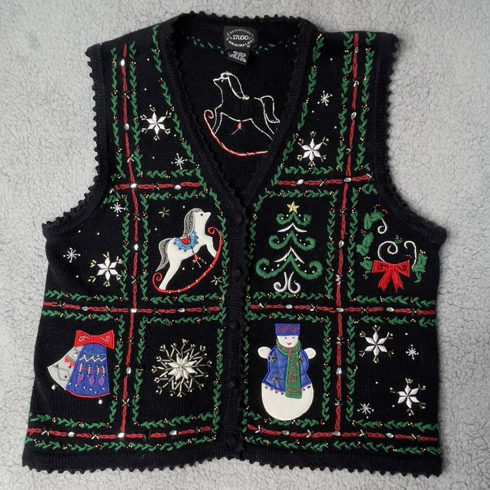Christmas Vest Medium Womens Deisgners Studio Originals Horse Snowman Beaded